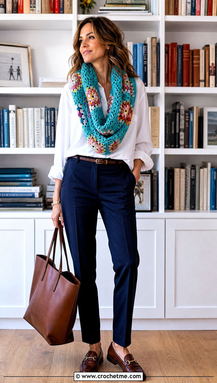 Granny Lace Infinity Scarf With White Shirt - 20 Lacy Crochet Infinity Scarf outfit ideas
