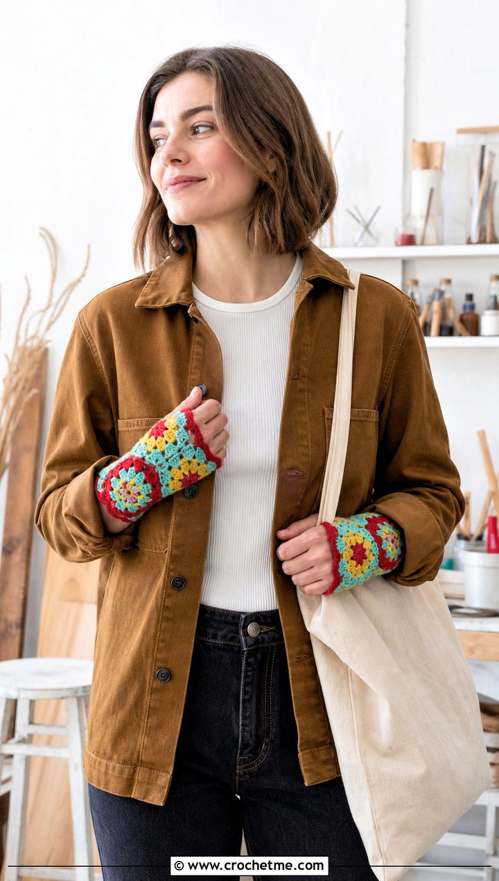 Granny Lace Motif Fingerless Gloves With Workwear Jacket - 25 Lace Crochet Fingerless Gloves outfit ideas
