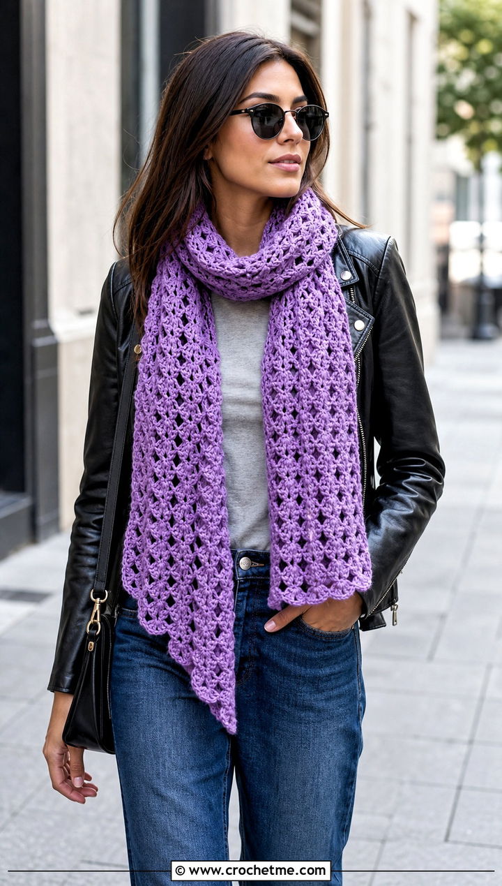 Granny Lace Openwork Crochet Scarf With Leather Jacket - 15 openwork crochet scarf outfit ideas