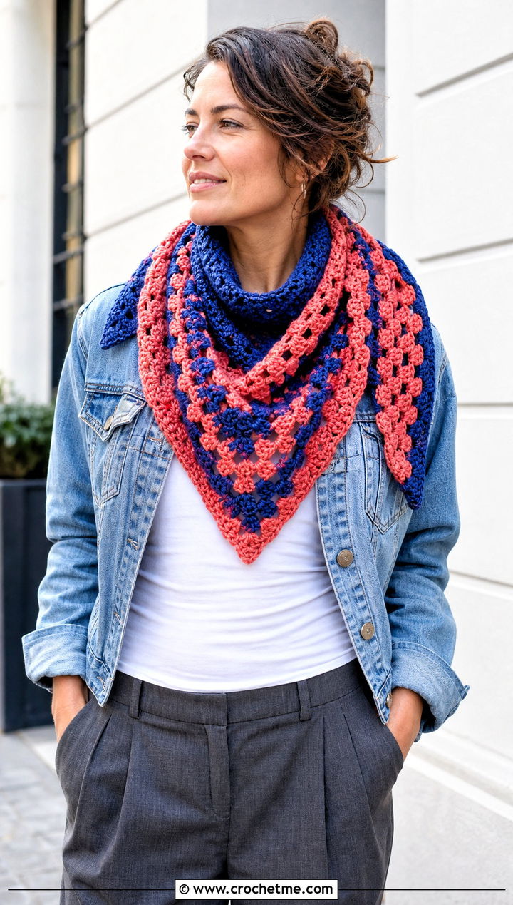 Granny Lace Triangle Shawl With Denim Jacket And Trousers - 25 Crochet Lacy Triangle Shawl outfit ideas