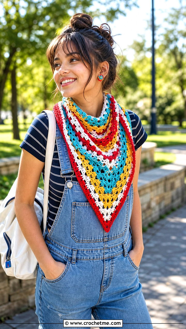 Granny Lace Triangle Shawl With Overalls And Sneakers - 20 Crochet Lace Triangle Shawl outfit ideas