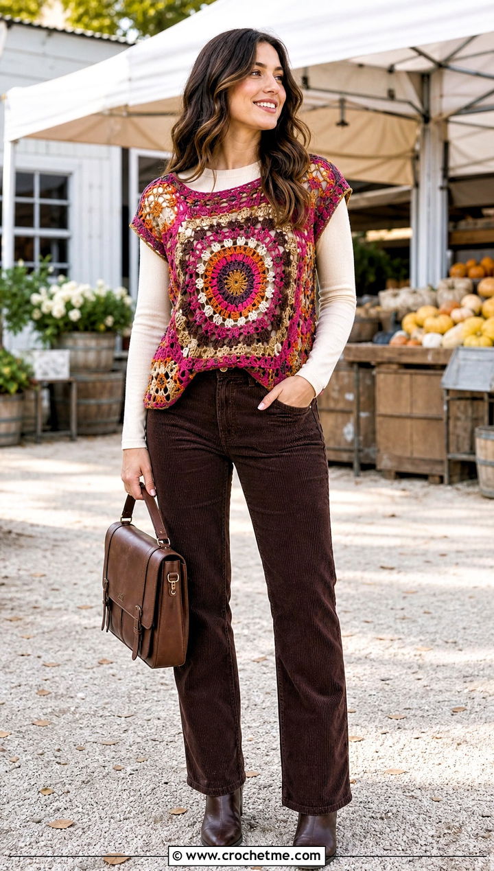 Granny Mandala Crochet Top With Corduroy Pants - 35 crochet mandala top outfit ideas