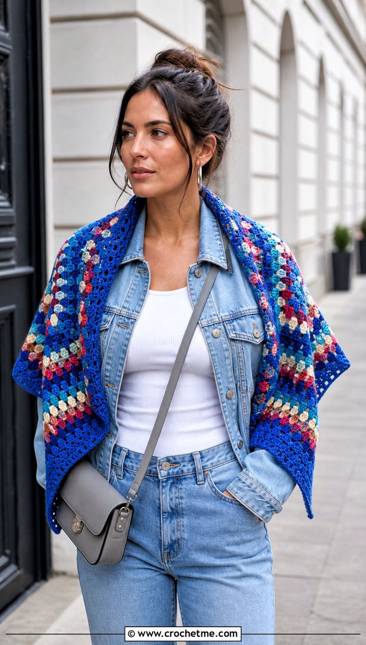 Granny Mesh Triangle Shawl With Denim Jacket - 30 Crochet Mesh Triangle Shawl outfit ideas