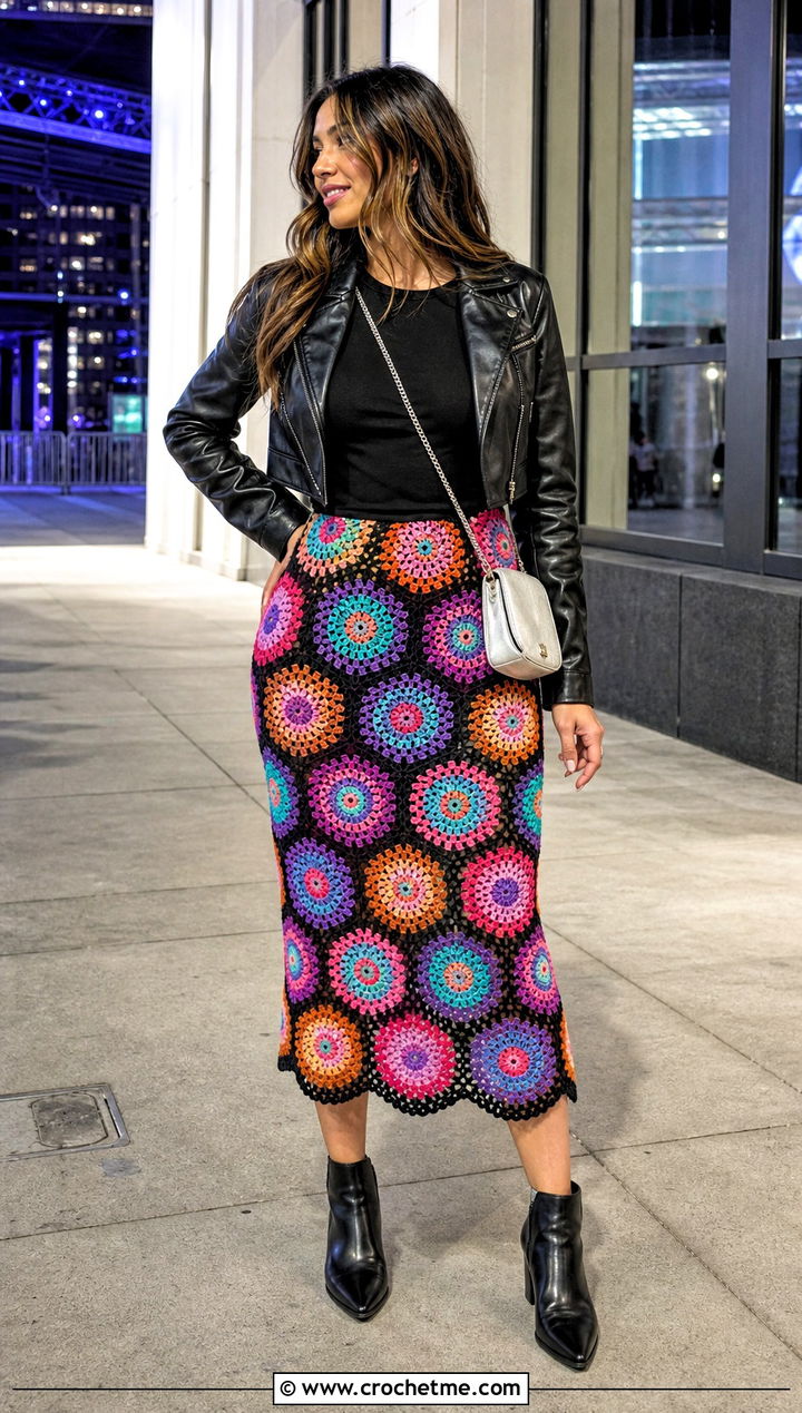 Granny Motif Crochet Circle Skirt With Leather Jacket - 25 crochet circle skirt outfit ideas