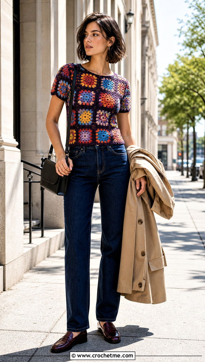 Granny Motif Fitted Top With Straight Leg Jeans - 35 crochet thread top outfit ideas
