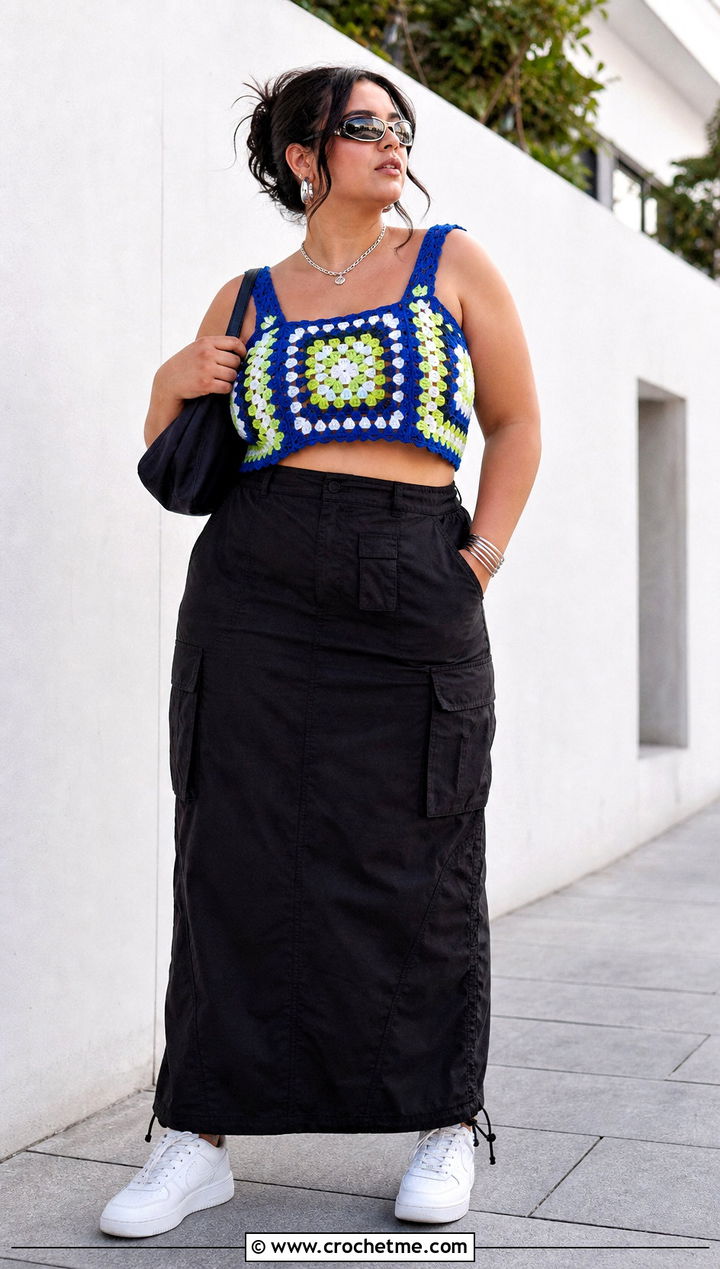 Granny Motif Thread Crochet Crop Top With Cargo Skirt - 15 Thread Crochet Tops outfit ideas