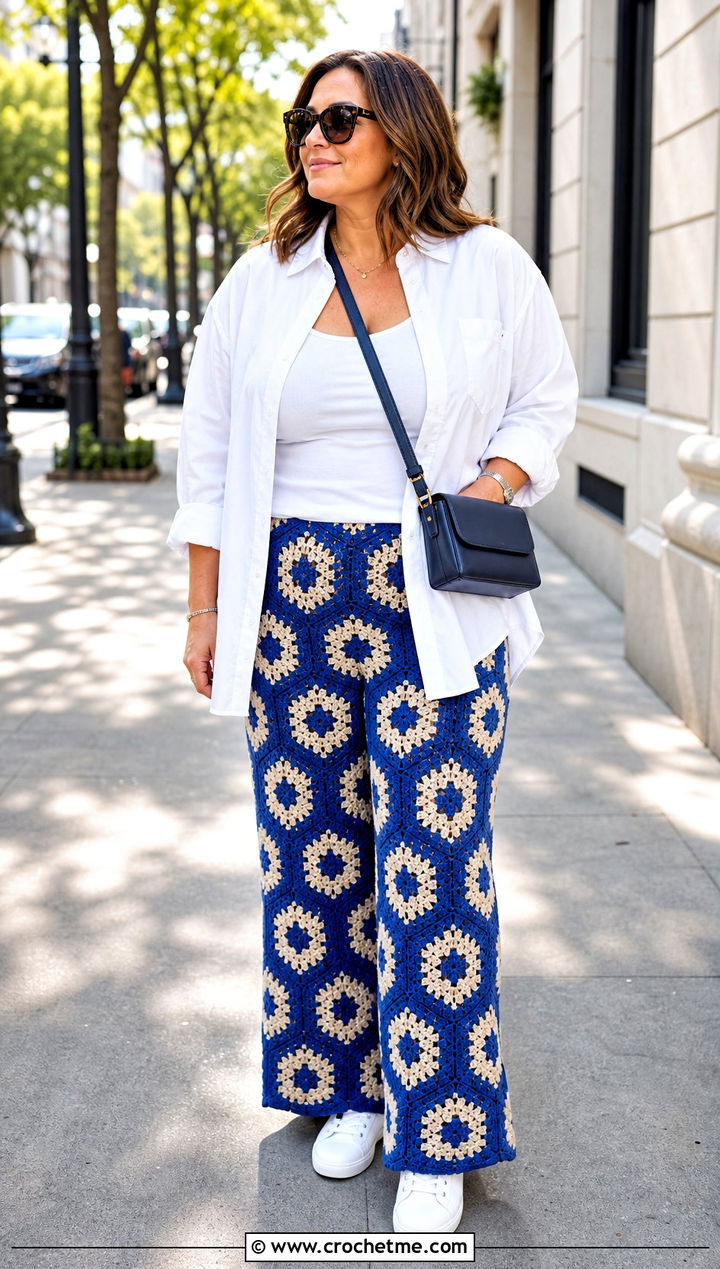 Granny Octagon Pants With Oversized White Shirt - 15 Crochet Octagon Pants outfit ideas