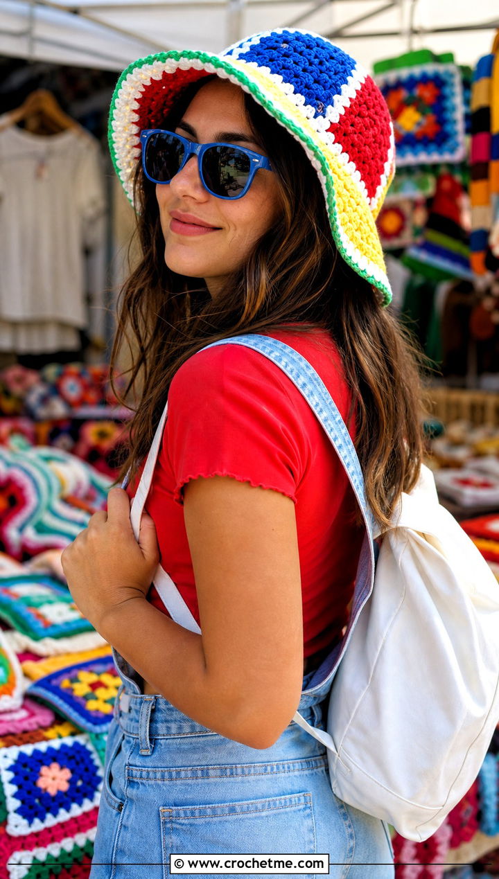 Granny Panel Beach Ball Crochet Sun Hat With Overalls - 15 beach ball crochet sun hat outfit ideas