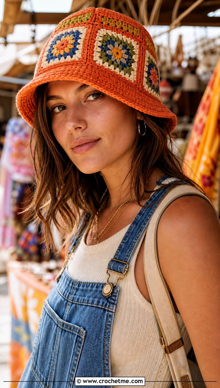 Granny Panel Double Crochet Bucket Hat With Overalls And Tank Top - 25 Double Crochet Bucket Hat outfit ideas