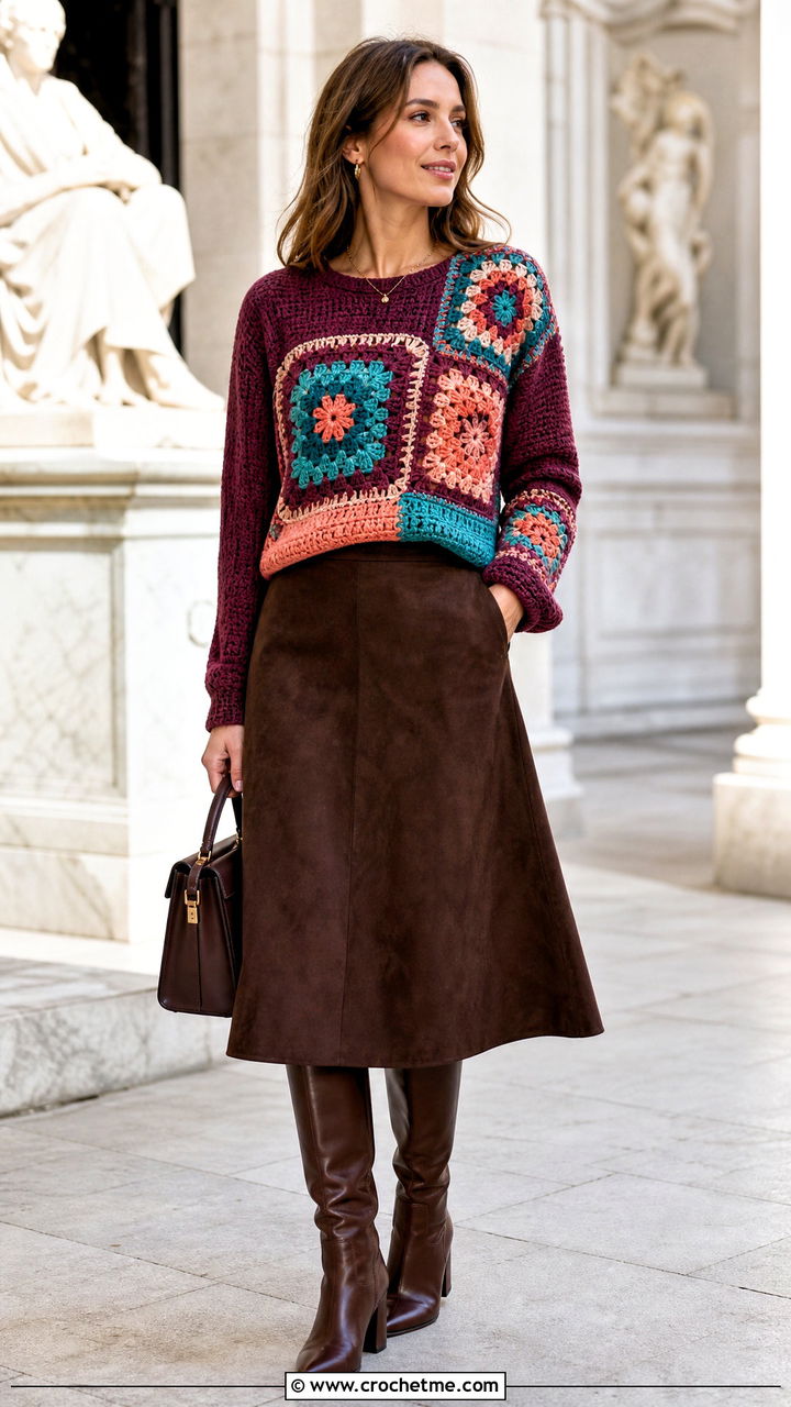 Granny Patch Pullover With Suede Midi Skirt - 35 crochet granny square pullover outfit ideas