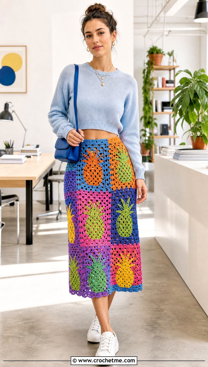 Granny Pineapple Skirt With Simple Crew Neck Sweater - 25 crochet pineapple skirt outfit ideas