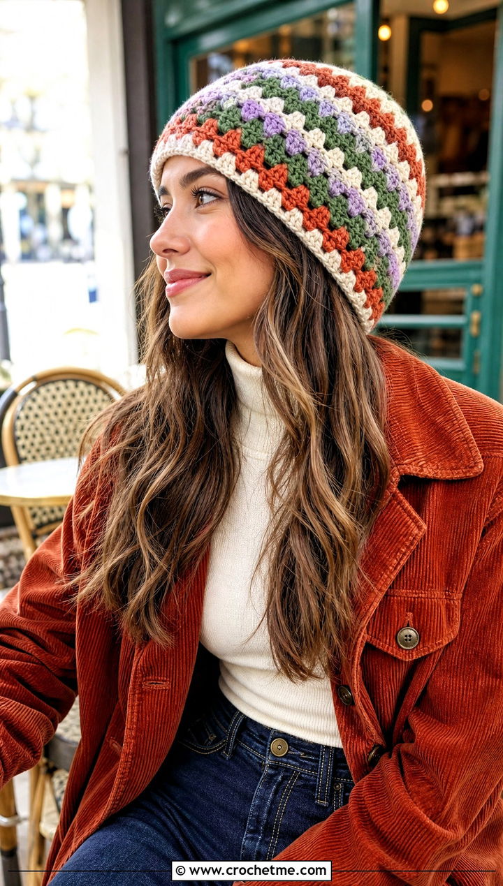 Granny Ripple Crochet Beanie With Corduroy Jacket And Flared Jeans - 15 Zig Zag Crochet Hat outfit ideas