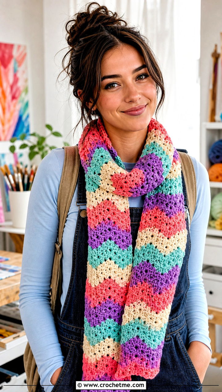 Granny Ripple Crochet Scarf With Overalls and Sneakers - 25 wavy crochet scarf outfit ideas