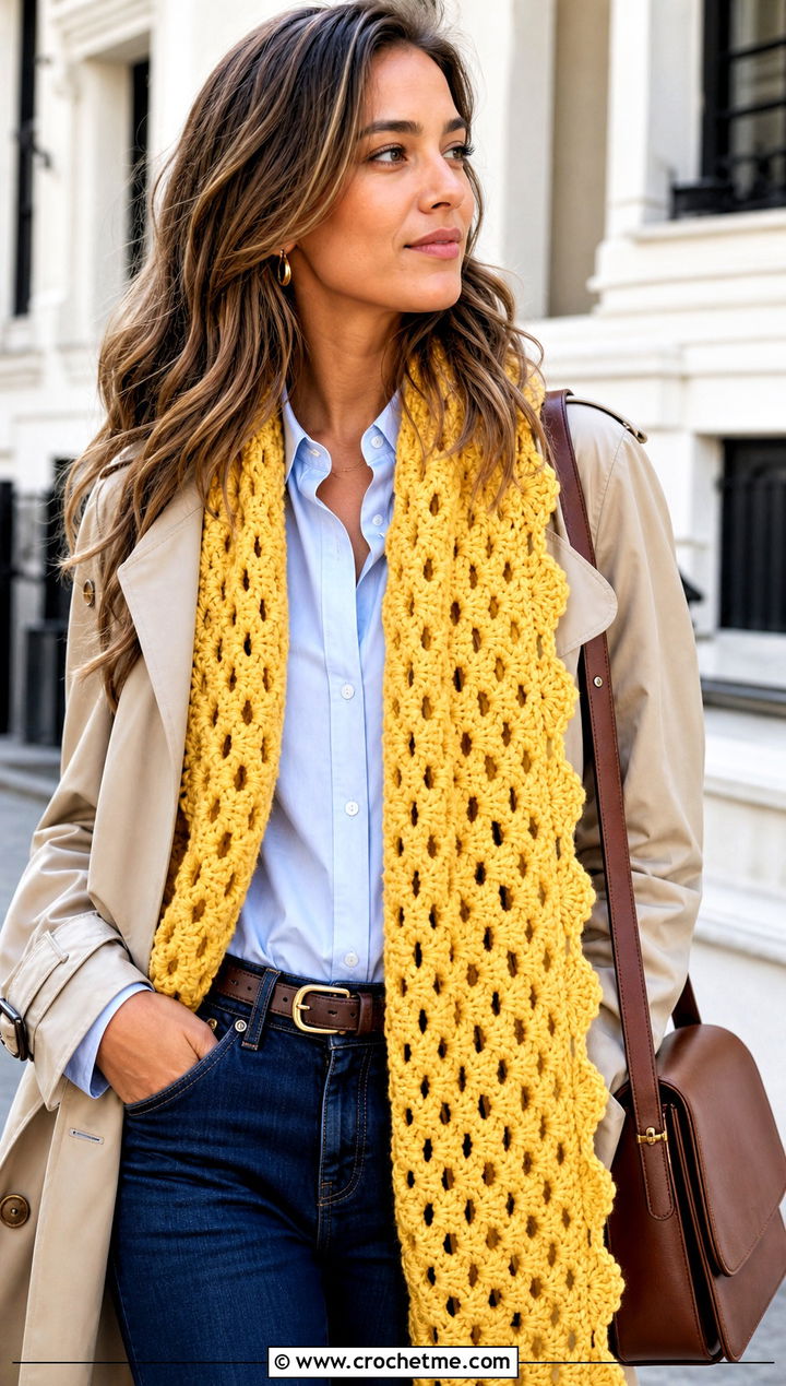 Granny Ripple Crochet Scarf With Trench Coat - 20 Crochet Zig Zag Scarf outfit ideas