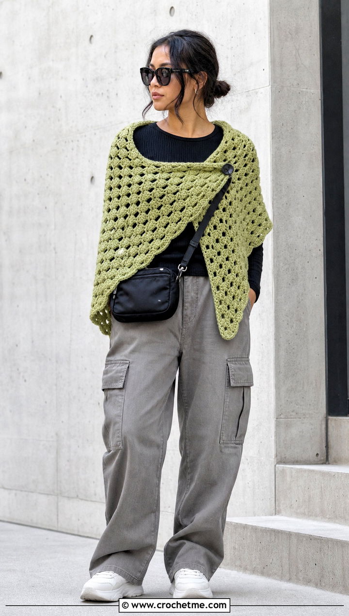 Granny Shell Shawl With Utility Pants - 20 Crochet Shell Shawl outfit ideas