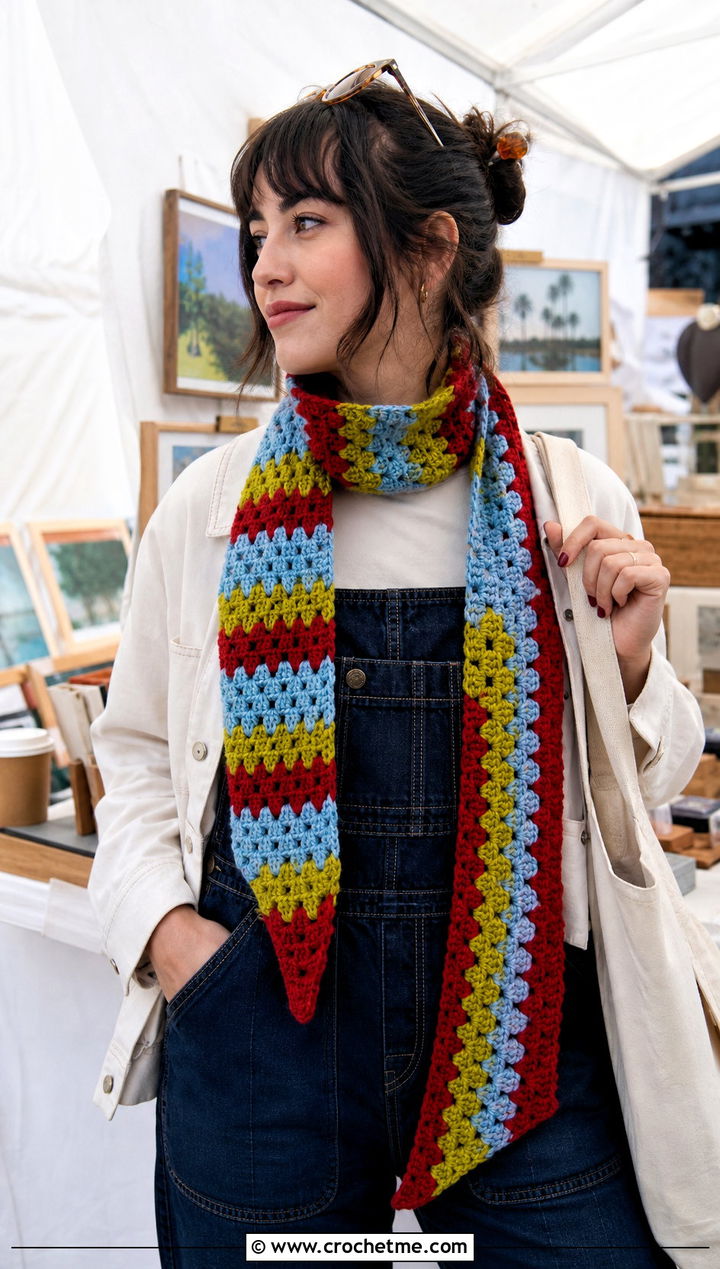 Granny Spike Temperature Scarf With Overalls - 30 crochet temperature scarf outfit ideas