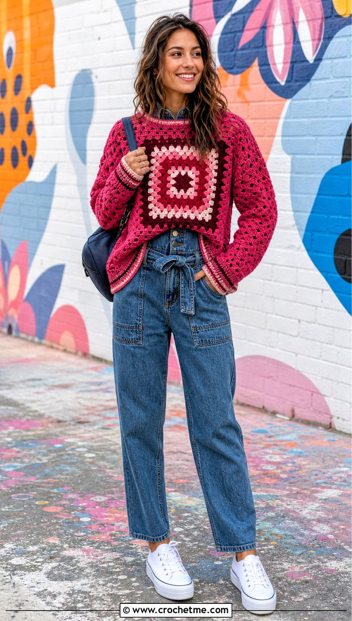 Granny Spiral Crochet Sweater With Utility Jumpsuit - 25 swirl crochet sweater outfit ideas