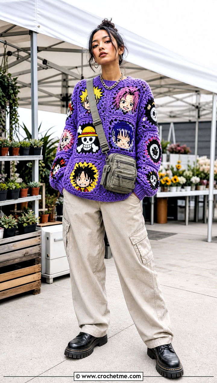 Granny Square Anime Crochet Sweater With Cargo Pants - 30 Anime Crochet Sweater outfit ideas