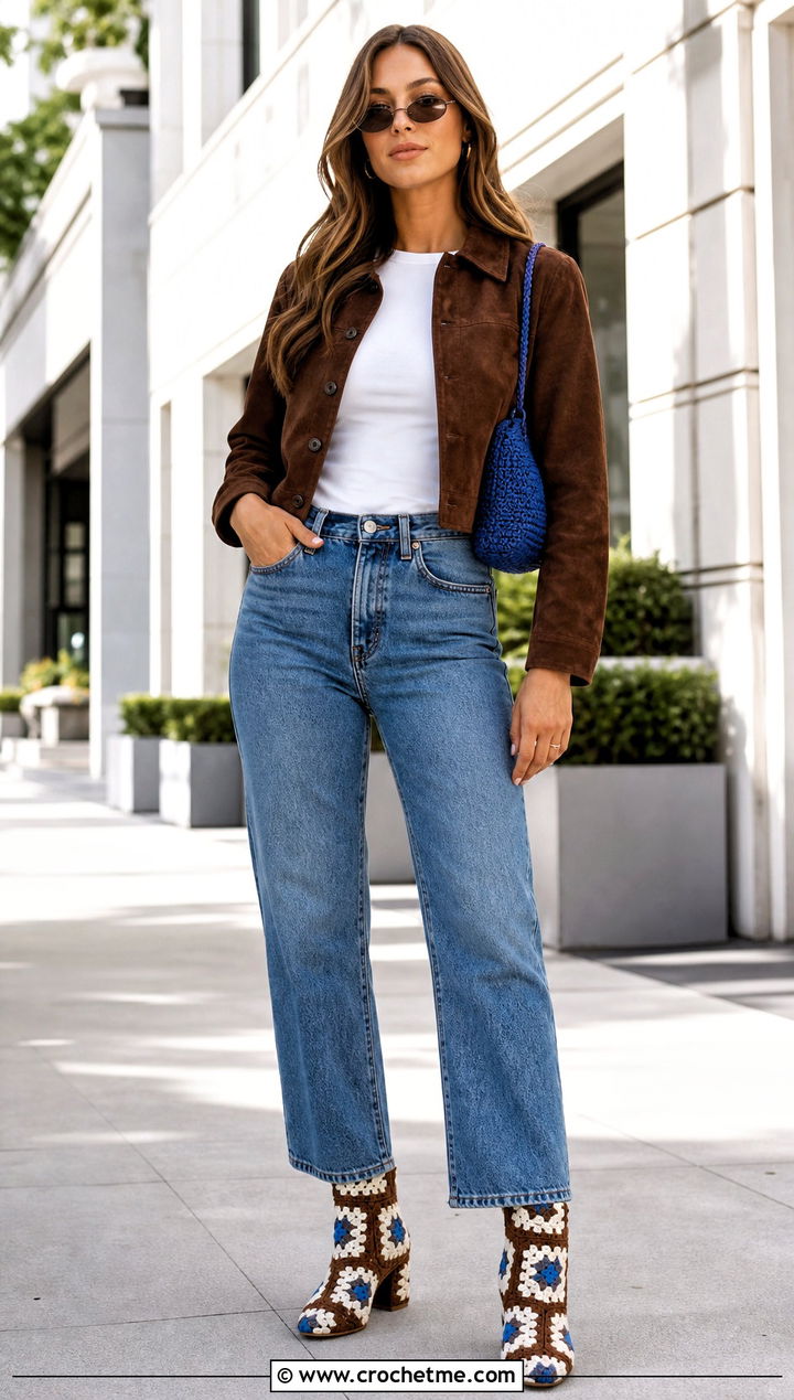 Granny Square Ankle Boots With Straight Jeans - 15 white and brown crochet boots outfit ideas