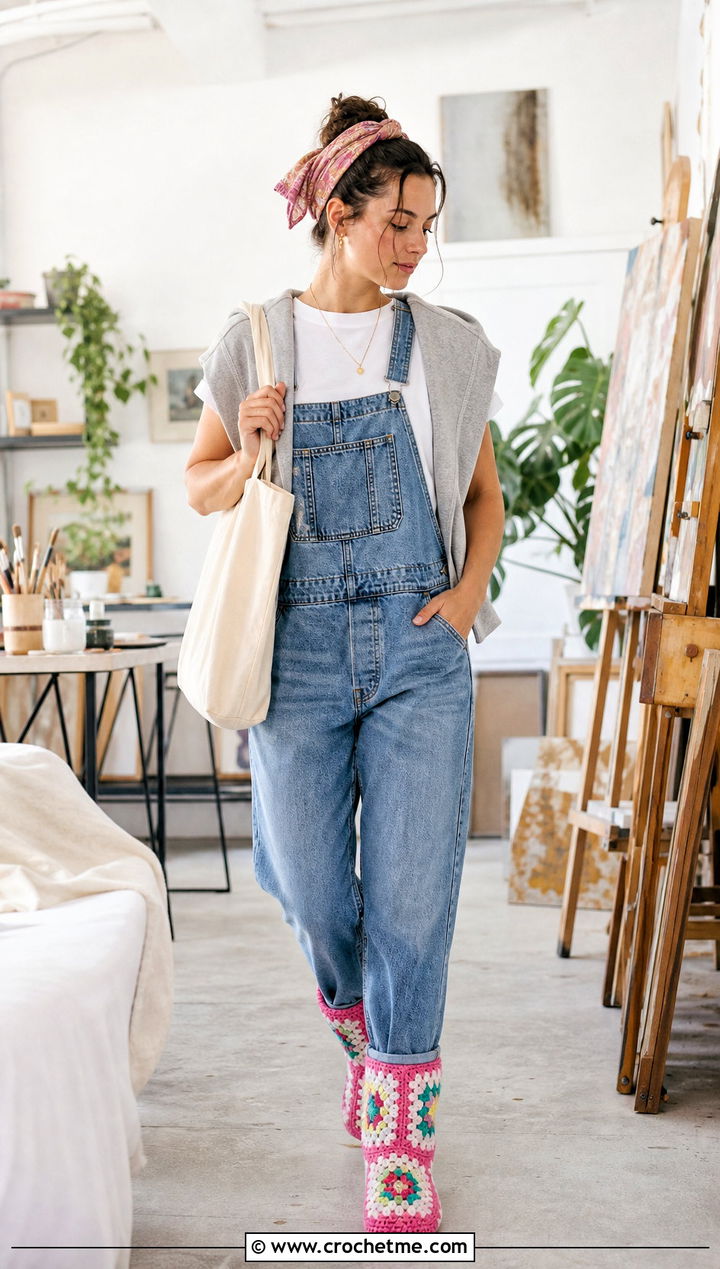 Granny Square Ankle Slipper Boots With Denim Overalls - 35 crochet slipper boots outfit ideas