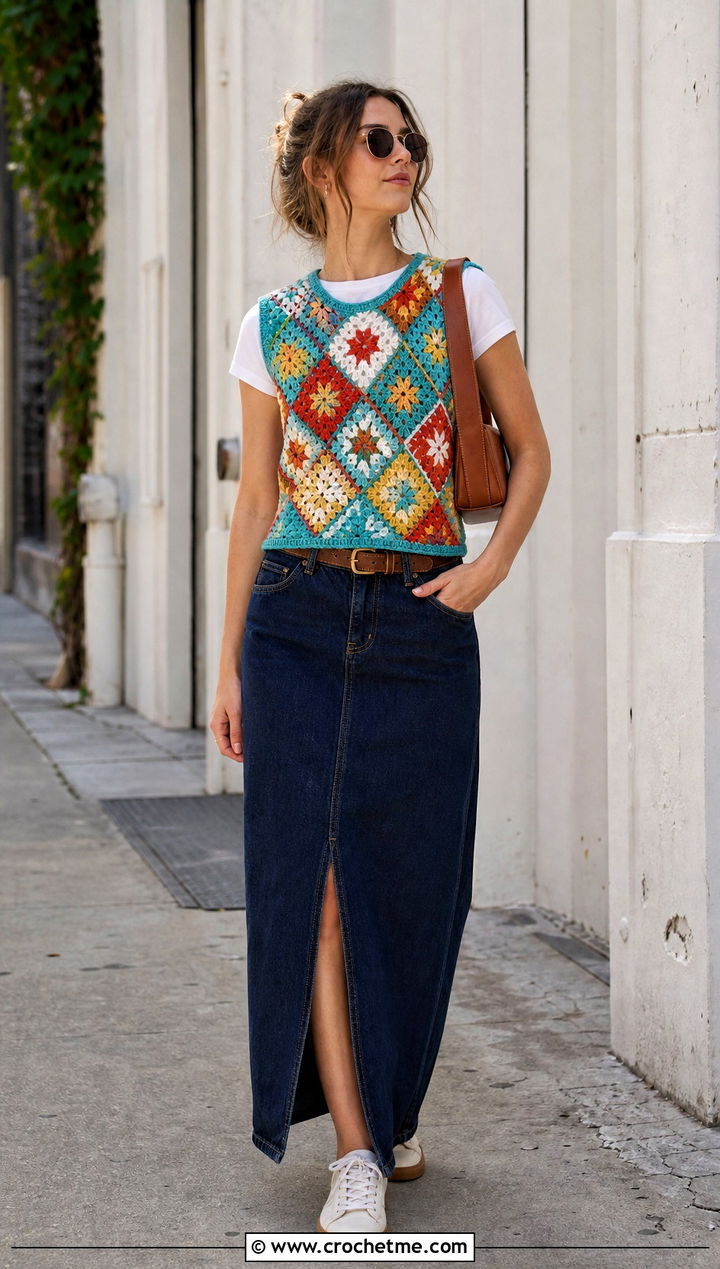 Granny Square Argyle Crochet Sweater Vest With Denim Maxi Skirt - 20 Argyle Crochet Sweater Vest outfit ideas