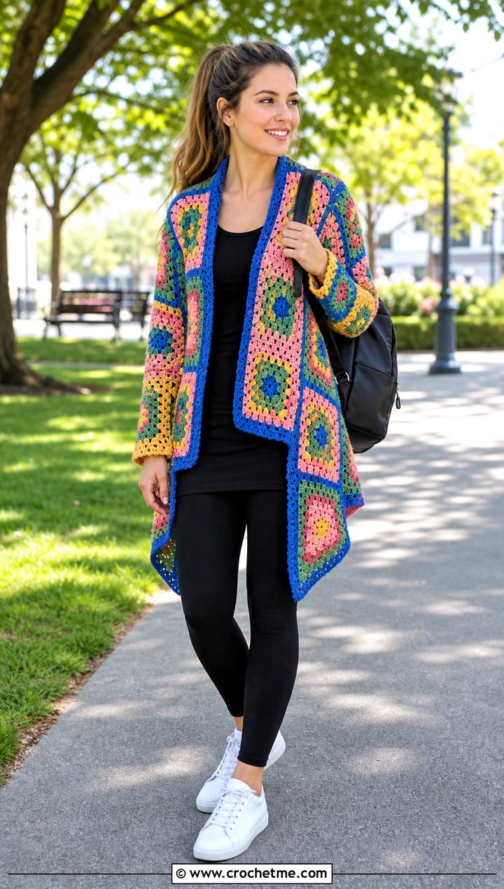 Granny Square Asymmetric Cardigan With Black Leggings - 30 crochet asymmetrical cardigan outfit ideas