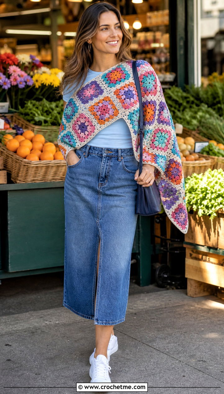 Granny Square Asymmetrical Crochet Poncho With Denim Skirt - 25 Asymmetrical Crochet Poncho outfit ideas