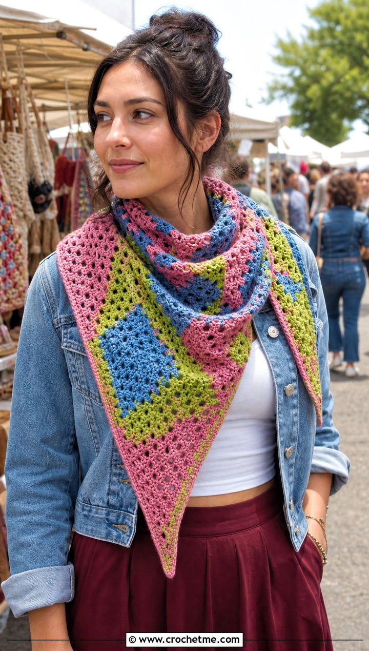 Granny Square Asymmetrical Crochet Shawl With Denim Jacket And Skirt - 30 asymmetrical crochet shawl outfit ideas