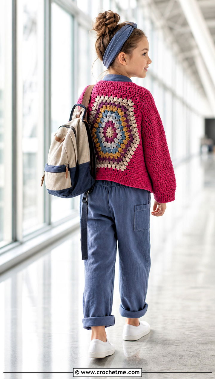 Granny Square Back Childs Hexagon Cardigan With Jumpsuit - 15 Crochet Childs Hexagon Cardigan outfit ideas