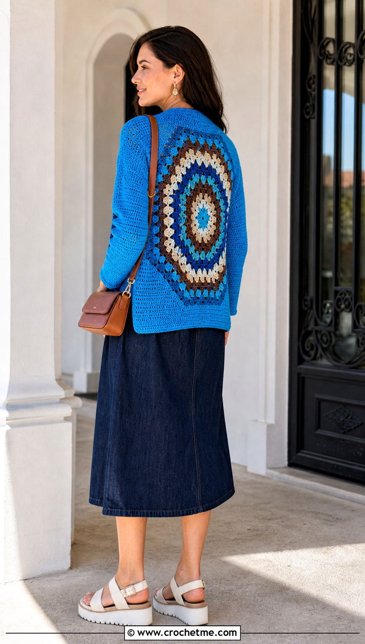 Granny Square Back Hex Crochet Cardigan With Denim Dress - 35 hex crochet cardigan outfit ideas