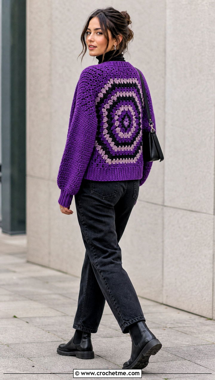Granny Square Back Hexagon Cardigan With Black Jeans - 35 hexagon granny square sweater outfit ideas