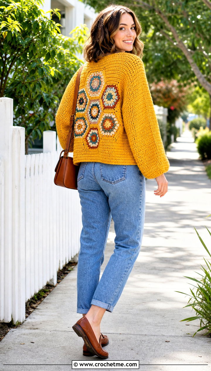 Granny Square Back Panel Hexagon Cardigan With Mom Jeans - 35 granny square hexagon cardigan outfit ideas