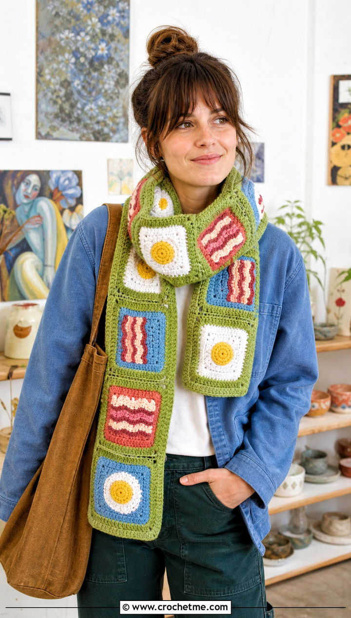 Granny Square Bacon And Egg Scarf With Chore Jacket - 20 Crochet Bacon And Eggs Scarf outfit ideas