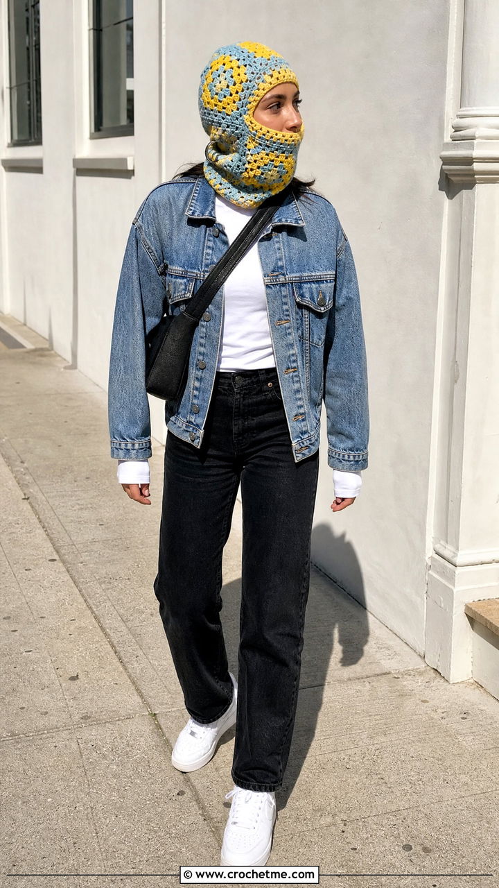 Granny Square Balaclava With Denim Jacket - 35 crochet baclava hat outfit ideas