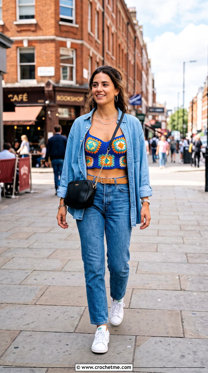 Granny Square Balconette Underwire Crochet Bra With High Waisted Jeans - 25 Crochet Bra With Underwire outfit ideas