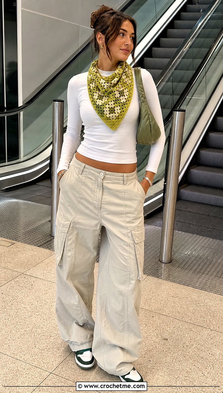 Granny Square Bandana Scarf With Cargo Pants - 35 granny crochet scarf outfit ideas