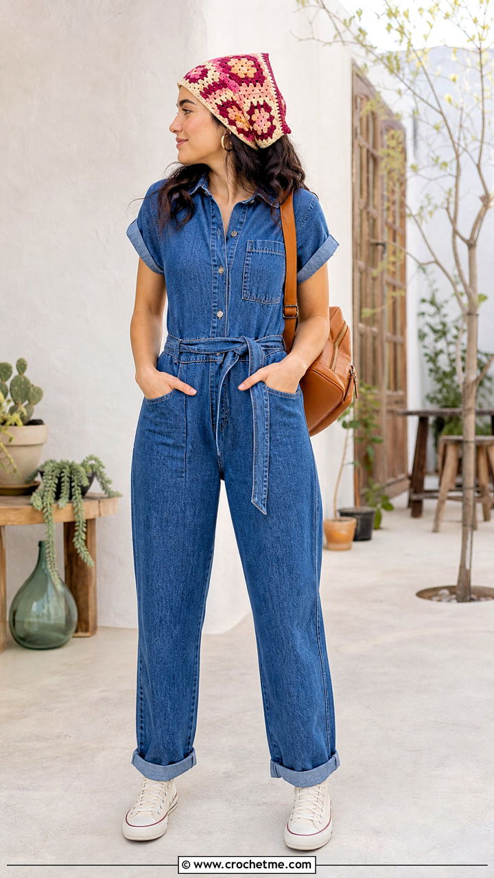 Granny Square Bandana With Denim Jumpsuit - 35 crochet clothes and accessories outfit ideas
