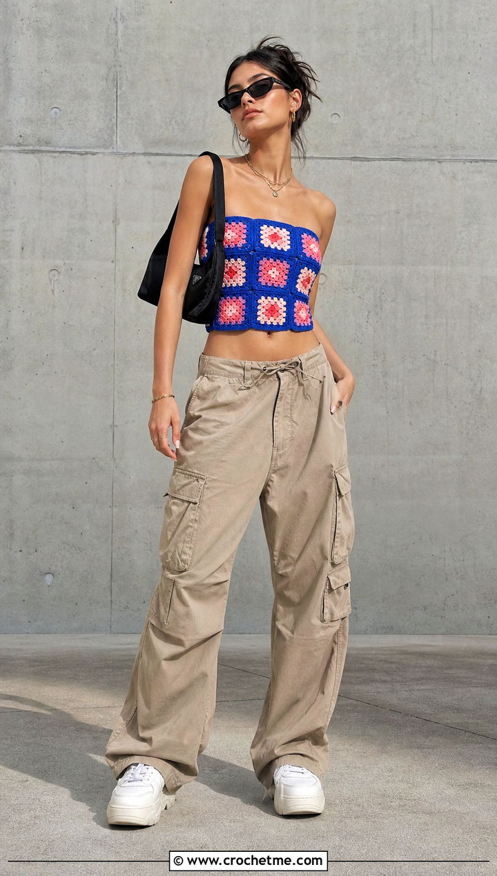 Granny Square Bandeau Crochet Top With Cargo Pants - 35 strapless crochet top outfit ideas