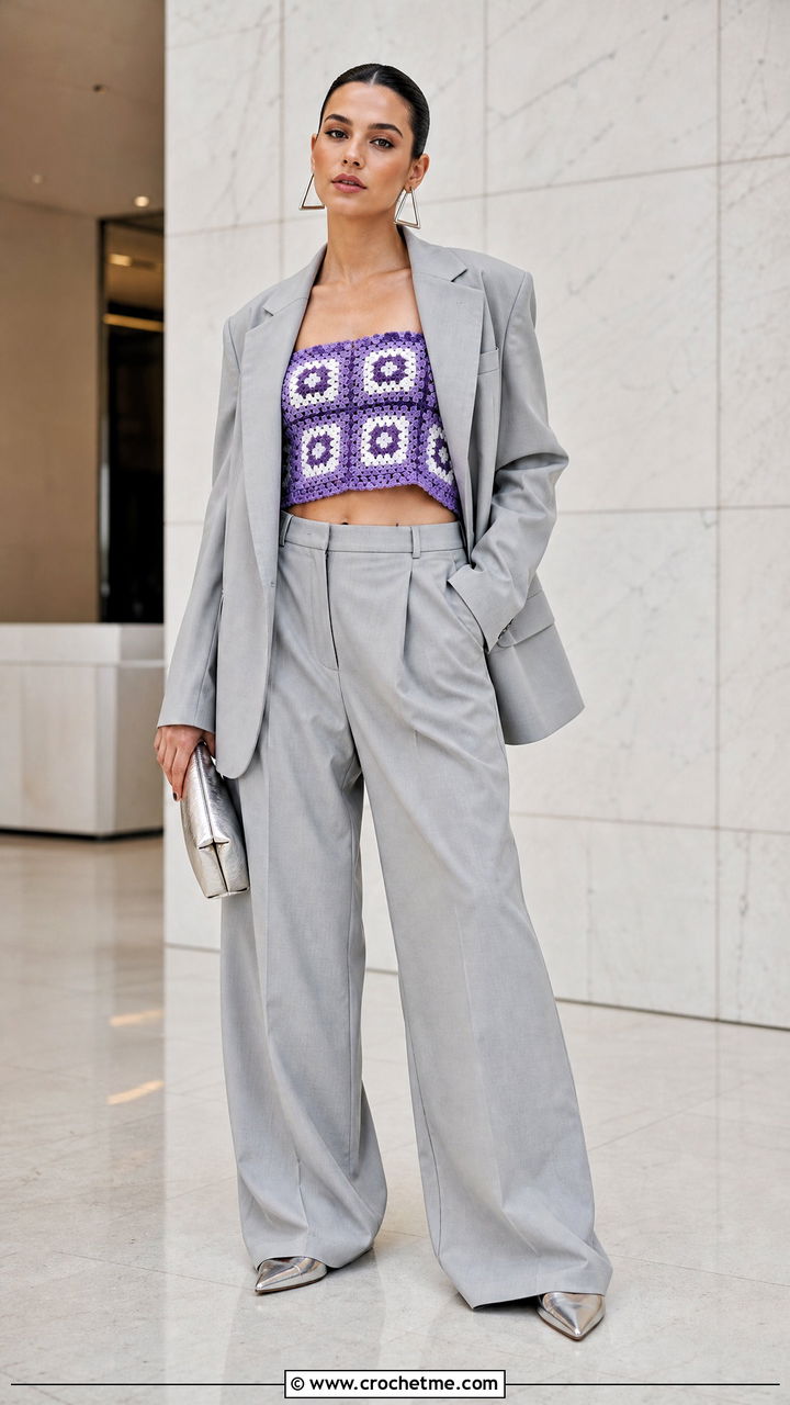 Granny Square Bandeau Top With Oversized Suit - 35 crochet granny square tops outfit ideas