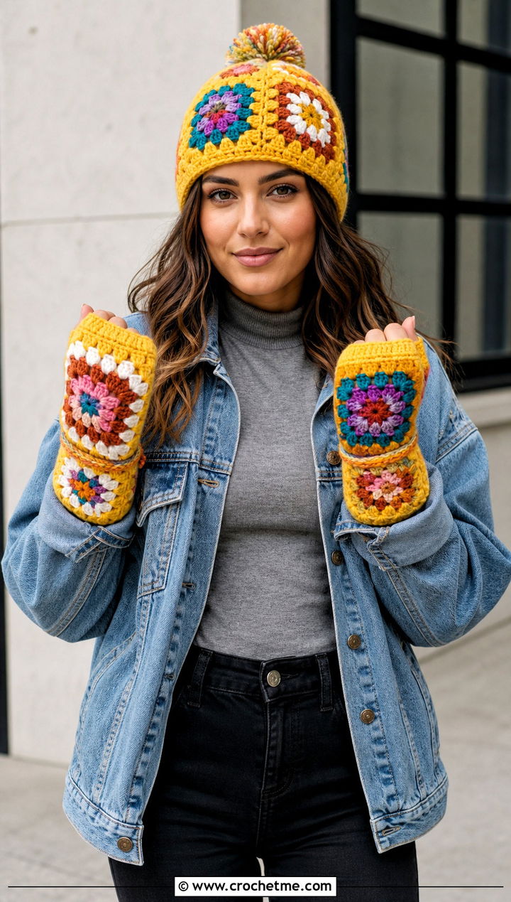 Granny Square Beanie And Convertible Mittens With Denim Jacket - 15 Crochet Hat And Gloves outfit ideas