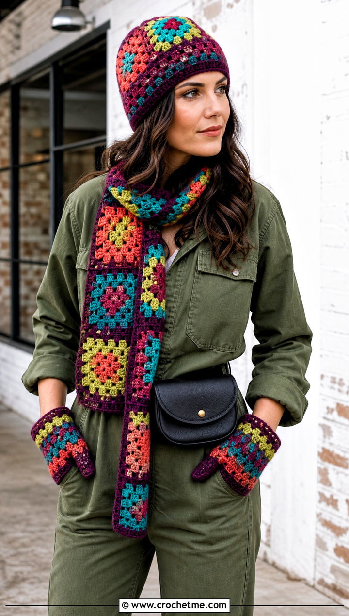 Granny Square Beanie Skinny Scarf And Gloves With Utility Jumpsuit - 25 crochet hat scarf gloves set outfit ideas