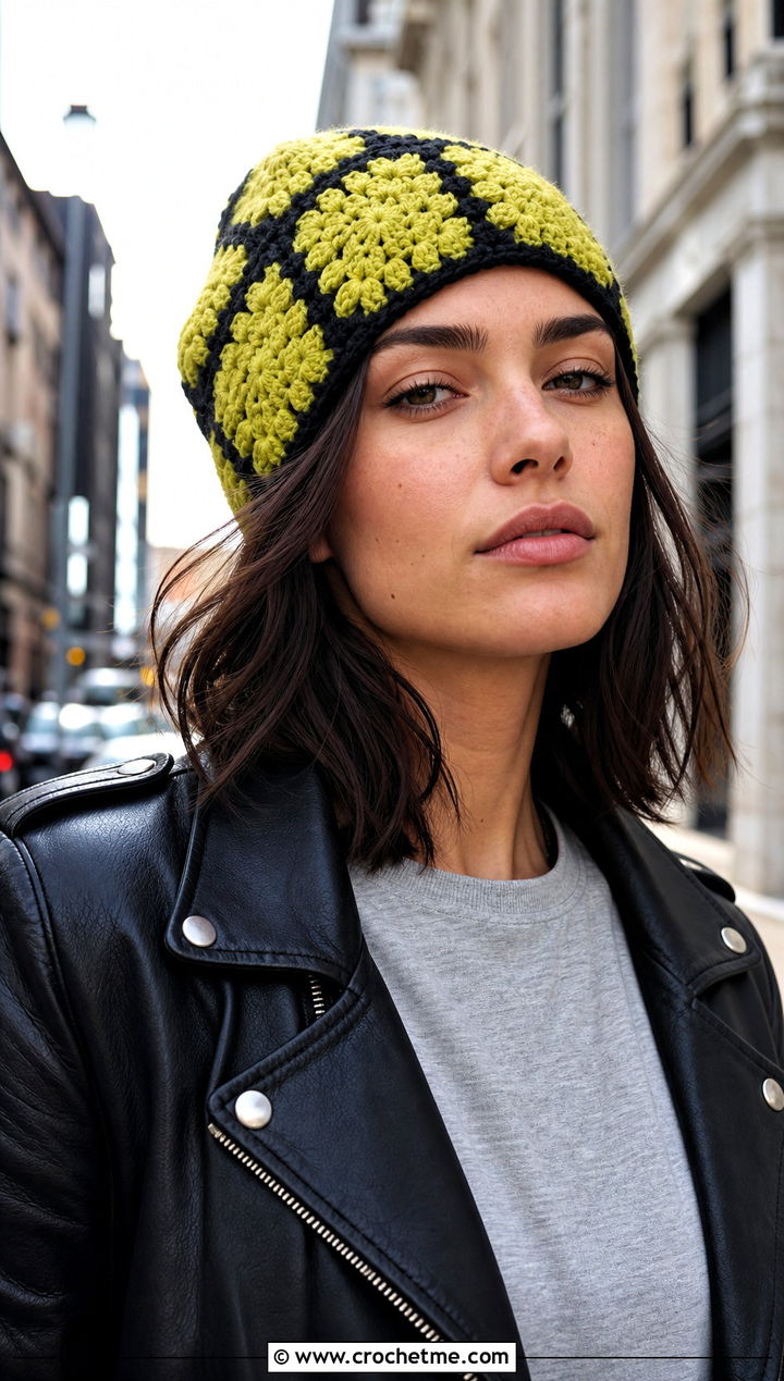 Granny Square Beanie With Leather Jacket - 25 Easy Crochet Granny Square Hats outfit ideas