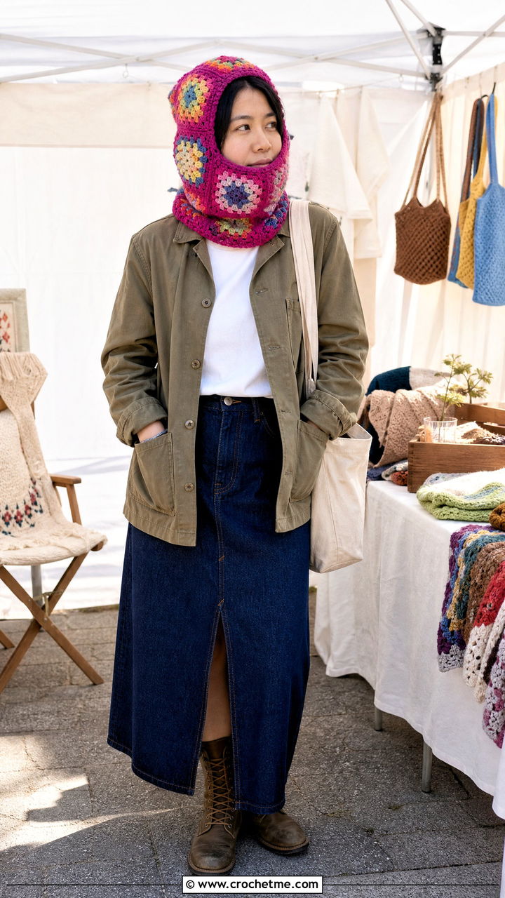 Granny Square Beard Hat With Chore Jacket - 35 crochet beard hat outfit ideas