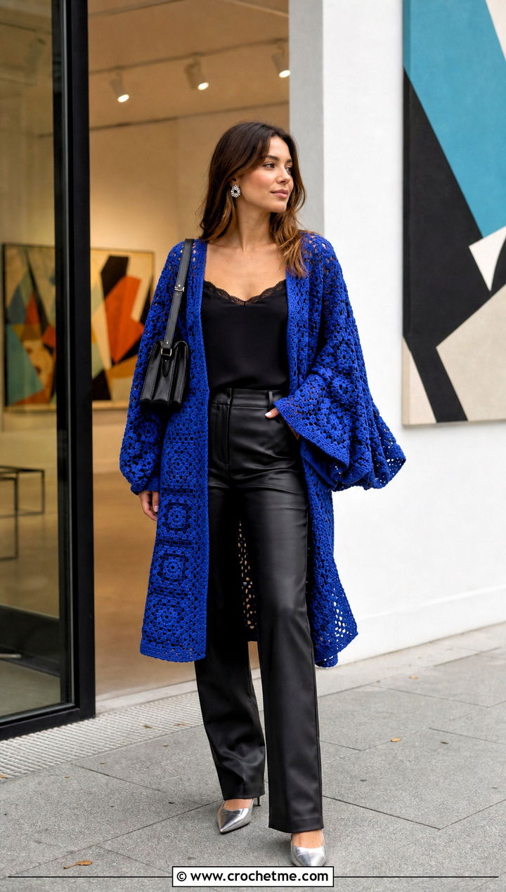 Granny Square Bell Sleeve Cover Up With Leather Pants - 35 granny square cover up outfit ideas
