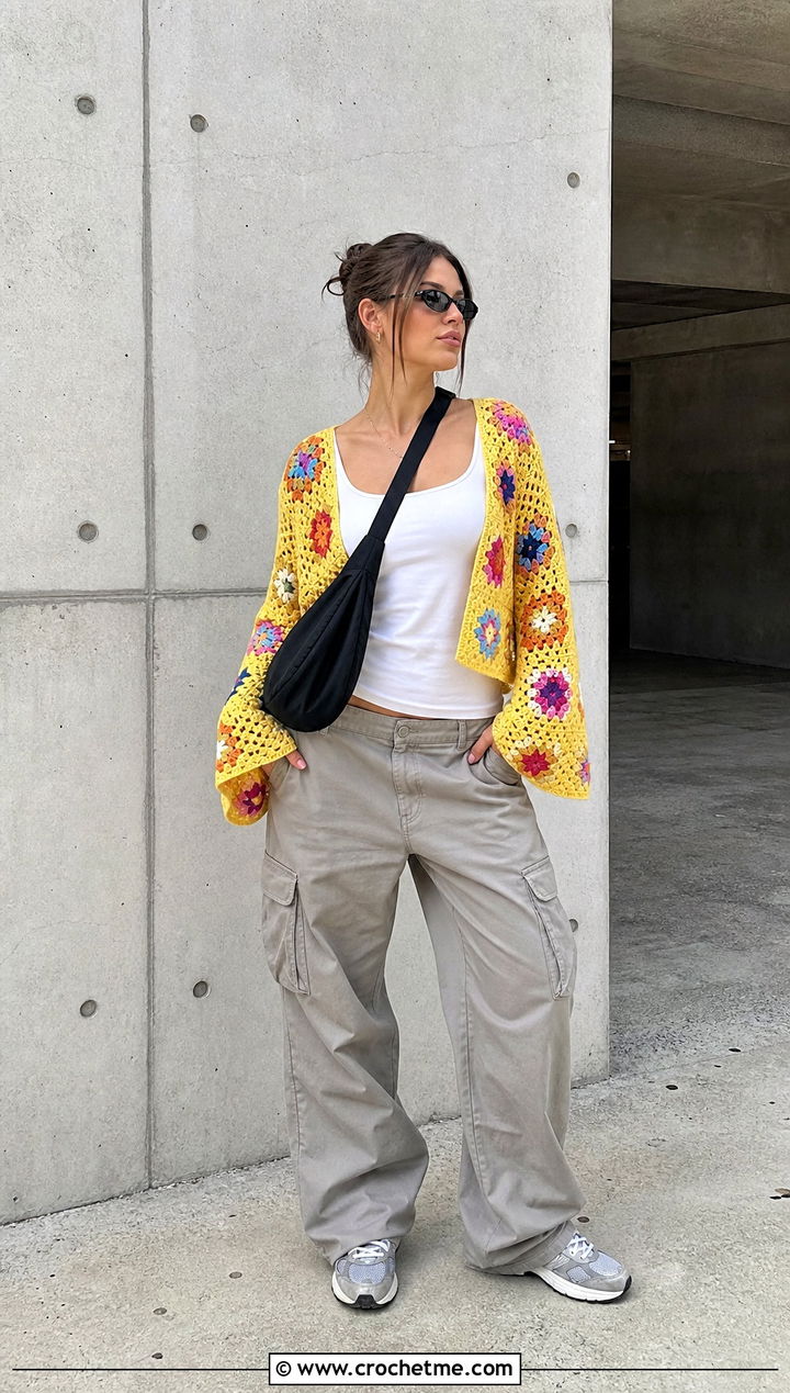 Granny Square Bell Sleeve Crochet Sweater With Cargo Pants - 25 bell sleeve crochet sweater outfit ideas