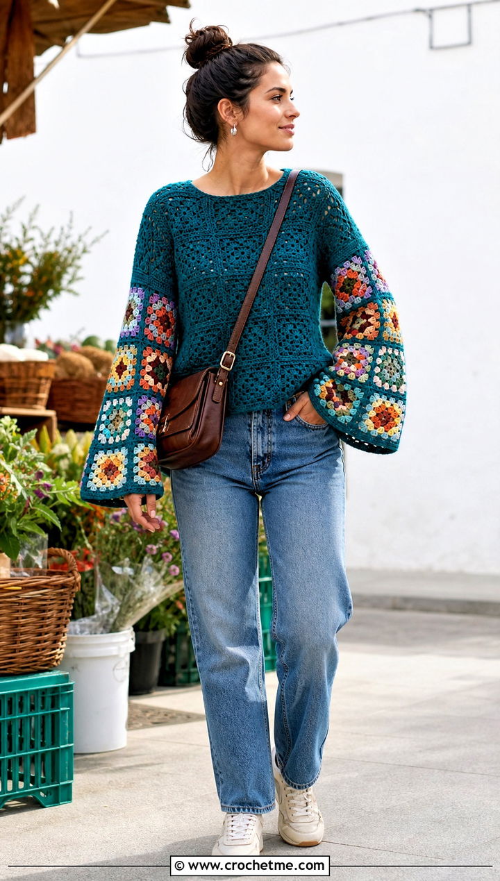 Granny Square Bell Sleeve Crochet Sweater With Straight Leg Jeans - 25 crochet sweater bell sleeves outfit ideas