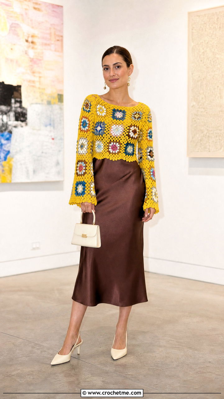 Granny Square Bell Sleeve Crochet Top With Satin Midi Skirt - 35 crochet top with sleeves outfit ideas