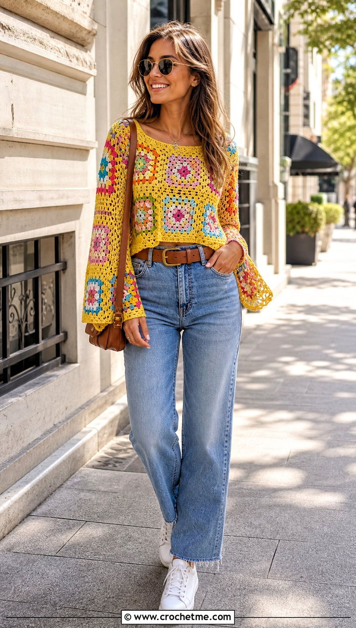 Granny Square Bell Sleeve Crochet Top With Straight Jeans - 35 crochet tops with sleeves outfit ideas