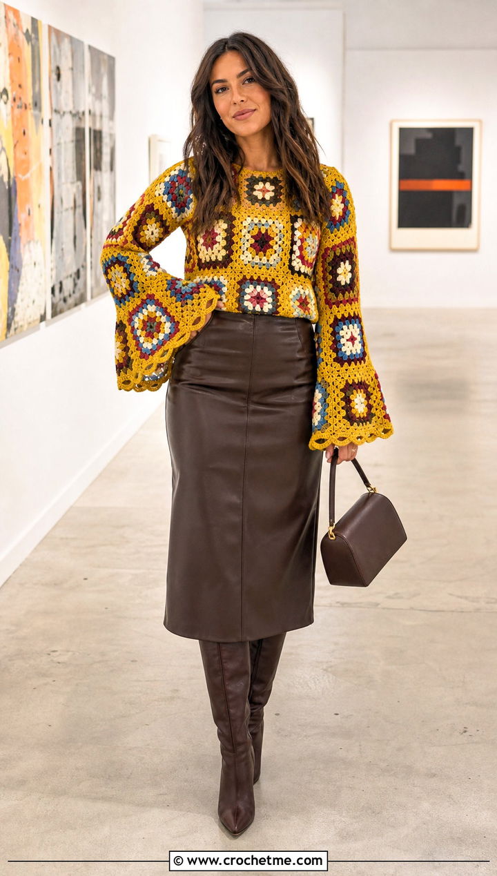 Granny Square Bell Sleeve Top With Leather Midi Skirt - 20 Crochet Tops With Long Sleeves outfit ideas