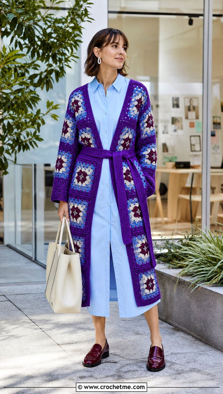 Granny Square Belted Cover Up With Shirt Dress - 35 granny square cover up outfit ideas